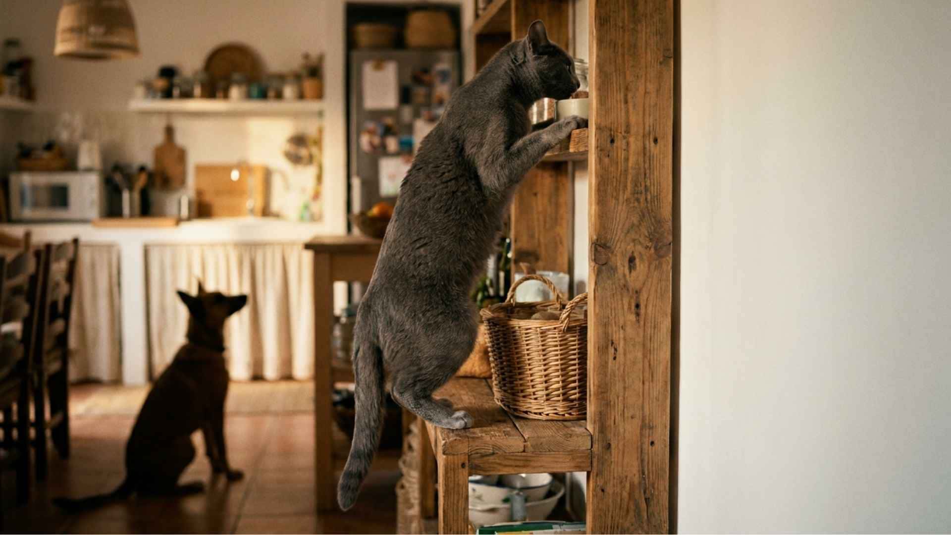 perro y gato en una cocina